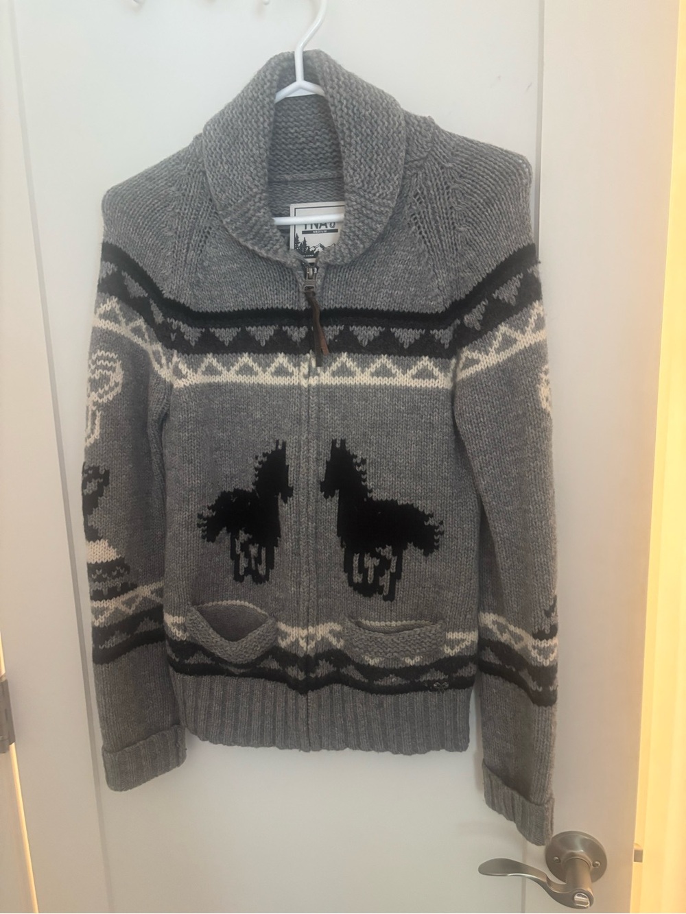 TNA Gray Zip-Up Shawl Collar Sweater with Black and Cream Horse Motif